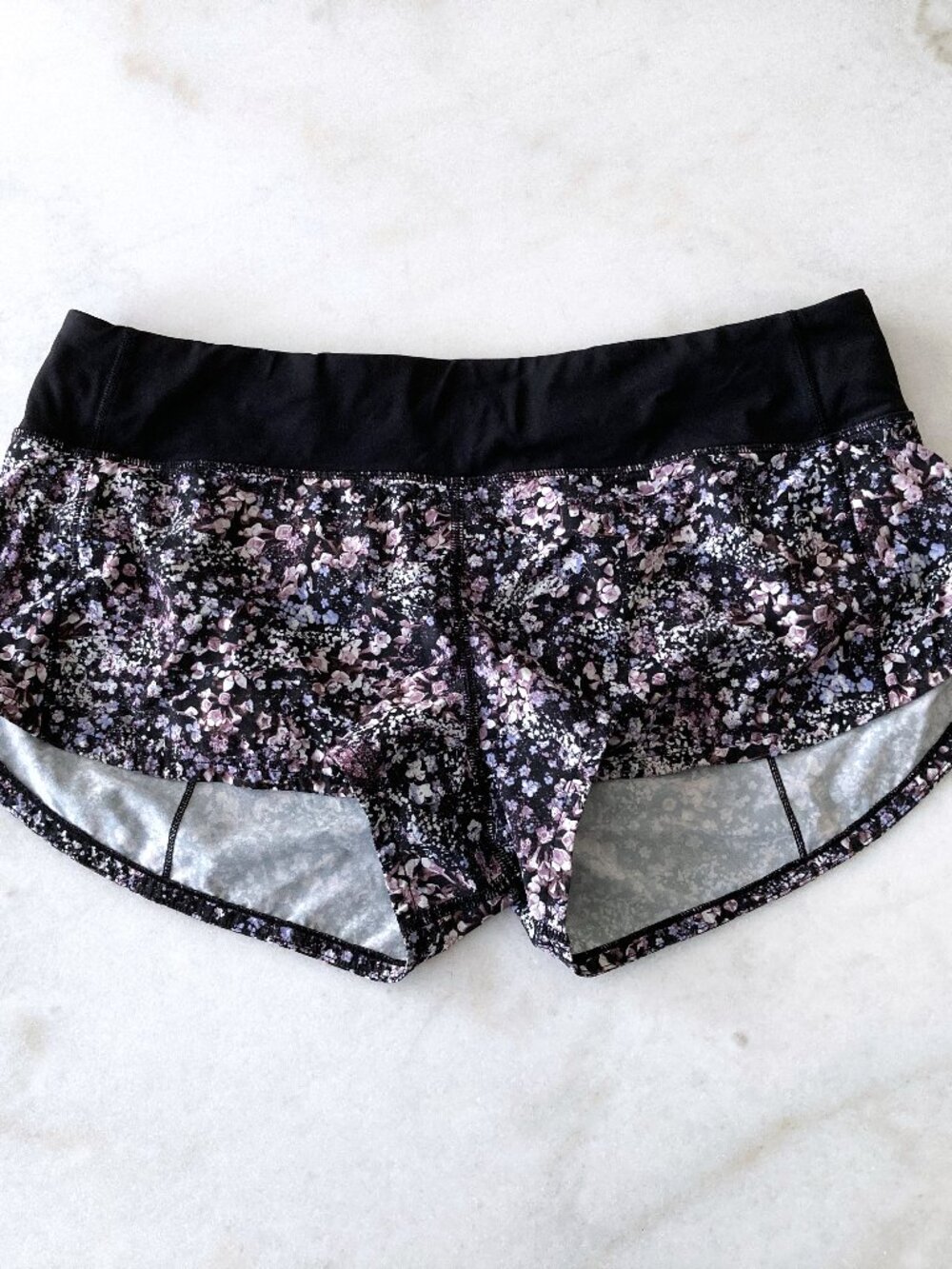 Lululemon Speed Up Short black & pink / purple floral shorts 2.5", swift fabric